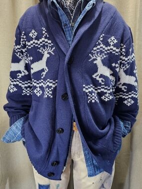 Amazon Men’s Navy and White Reindeer Knit Cardigan